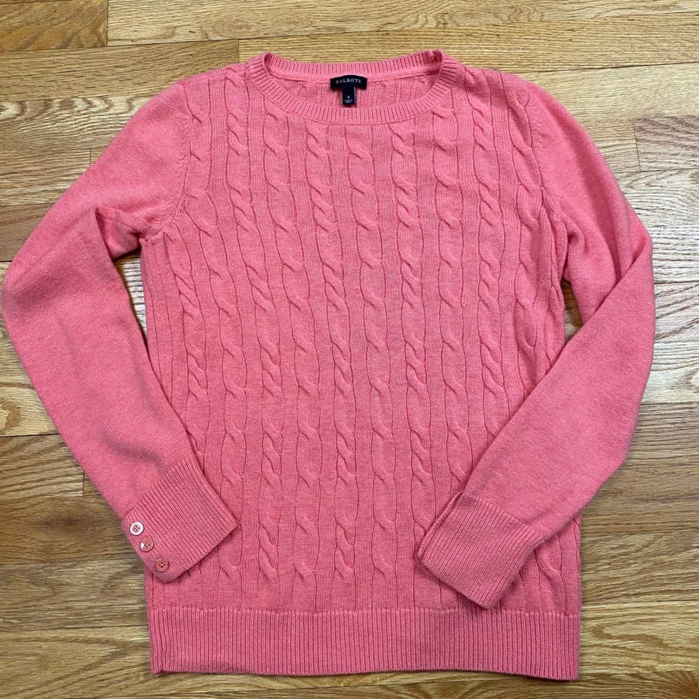 Talbots Cable Knit Sweater Womens S Pink Lambswool Blend Button Cuff Preppy